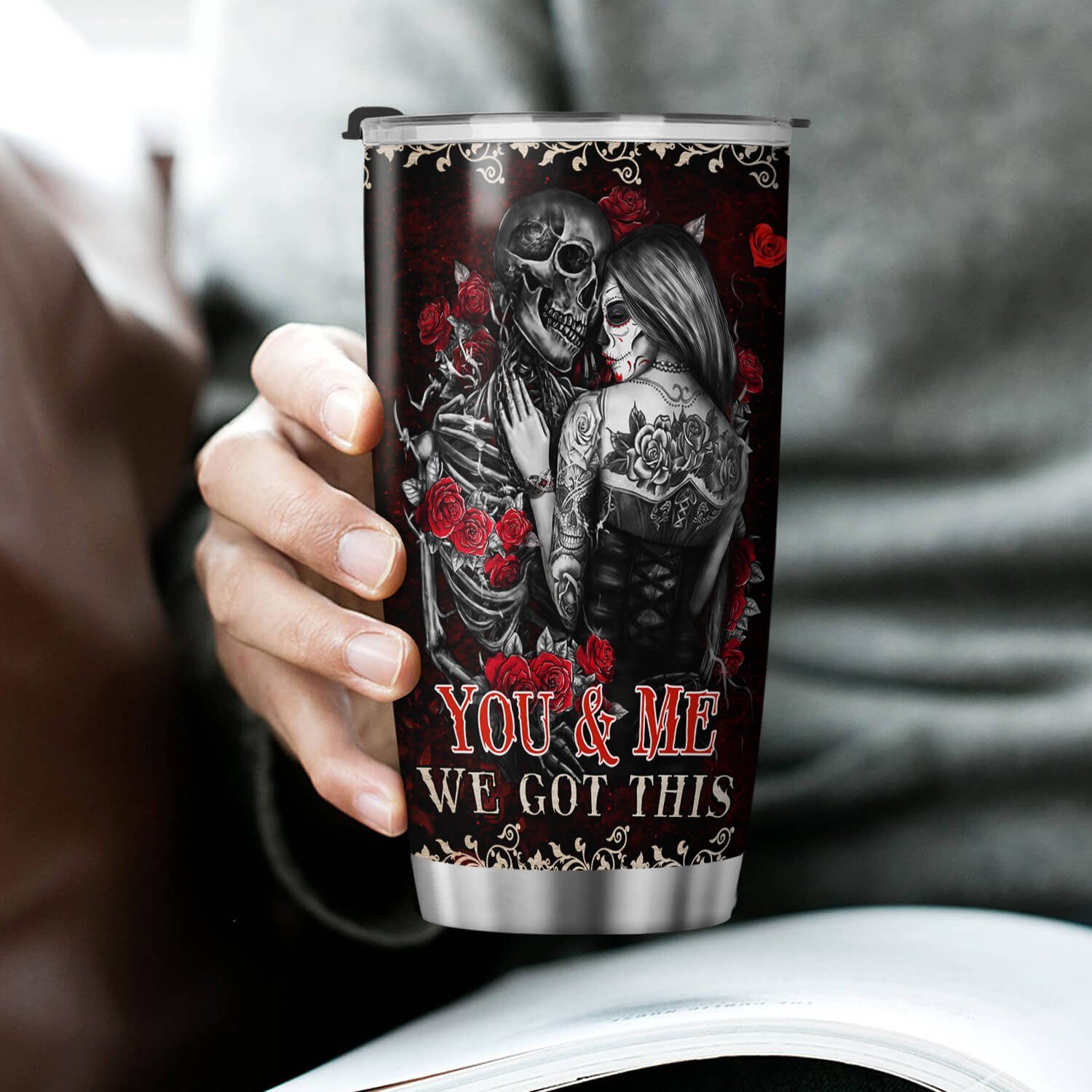 Skull Couple Rose. He Keeps Me Safe She Keeps Me Wild Tumbler 20 Oz BNN375TU - Image 3