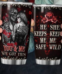 skull couple rose. he keeps me safe she keeps me wild tumbler 20 oz bnn375tu 4605