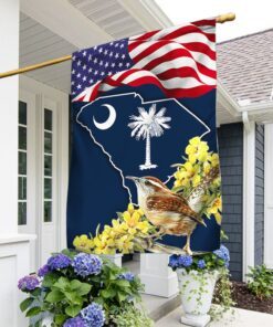 South Carolina With Carolina Wren Bird and Yellow Jessamine Flower, South Carolina Flag TPT811F