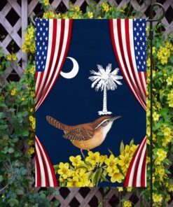 South Carolina Yellow Jessamine Flower and Carolina Wren Bird American Flag MLN1292F
