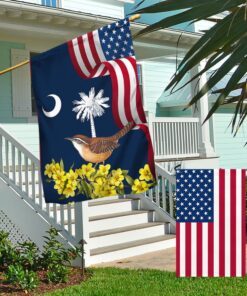 south carolina yellow jessamine flower and carolina wren bird two sided flag mln1258f 2836
