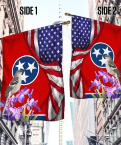 tennessee state with mocking bird and iris flower, tennessee american flag tpt928f 2237