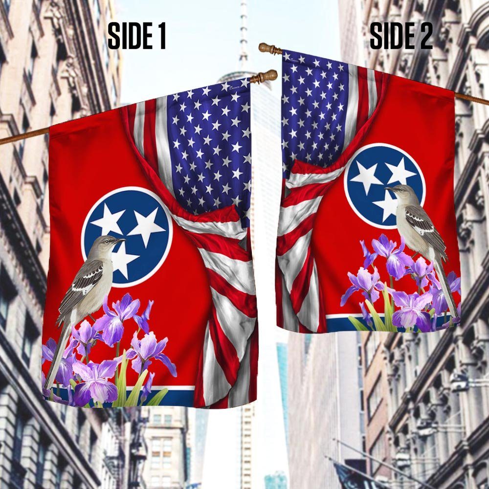 Tennessee State With Mocking Bird and Iris Flower, Tennessee American Flag TPT928F - Image 3