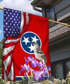 tennessee state with mocking bird and iris flower, tennessee american flag tpt928f 2603