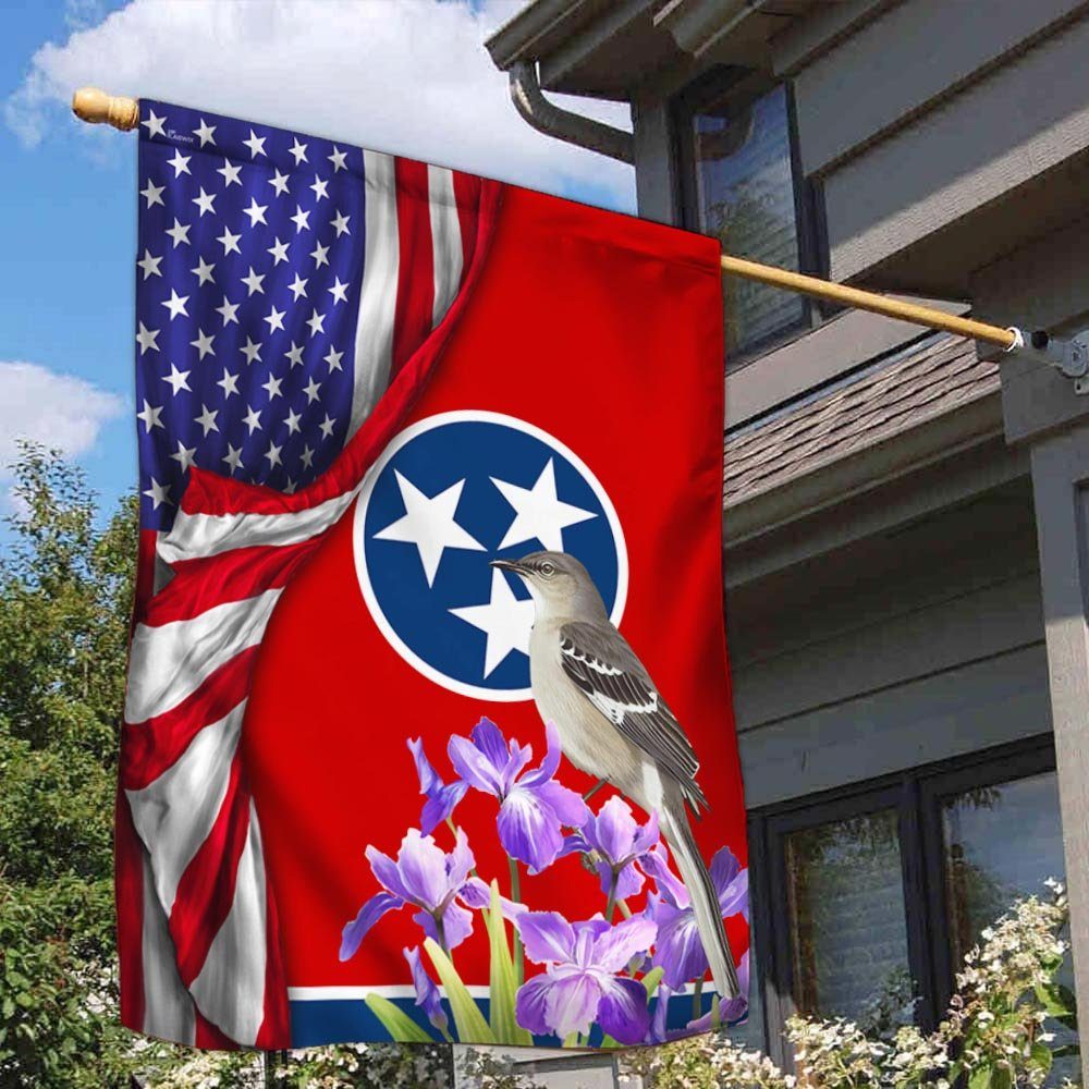 Tennessee State With Mocking Bird and Iris Flower, Tennessee American Flag TPT928F - Image 2