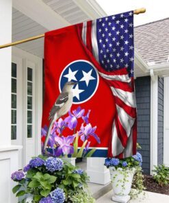 Tennessee State With Mocking Bird and Iris Flower, Tennessee American Flag TPT928F
