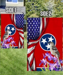 tennessee state with mocking bird and iris flower, tennessee american flag tpt928f 7184