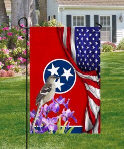 tennessee state with mocking bird and iris flower, tennessee american flag tpt928f 7321