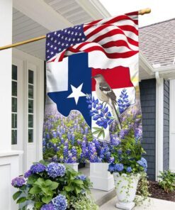 Texas  Bluebonnets With Longhorn and Mockingbird Texas Flag TPT775F