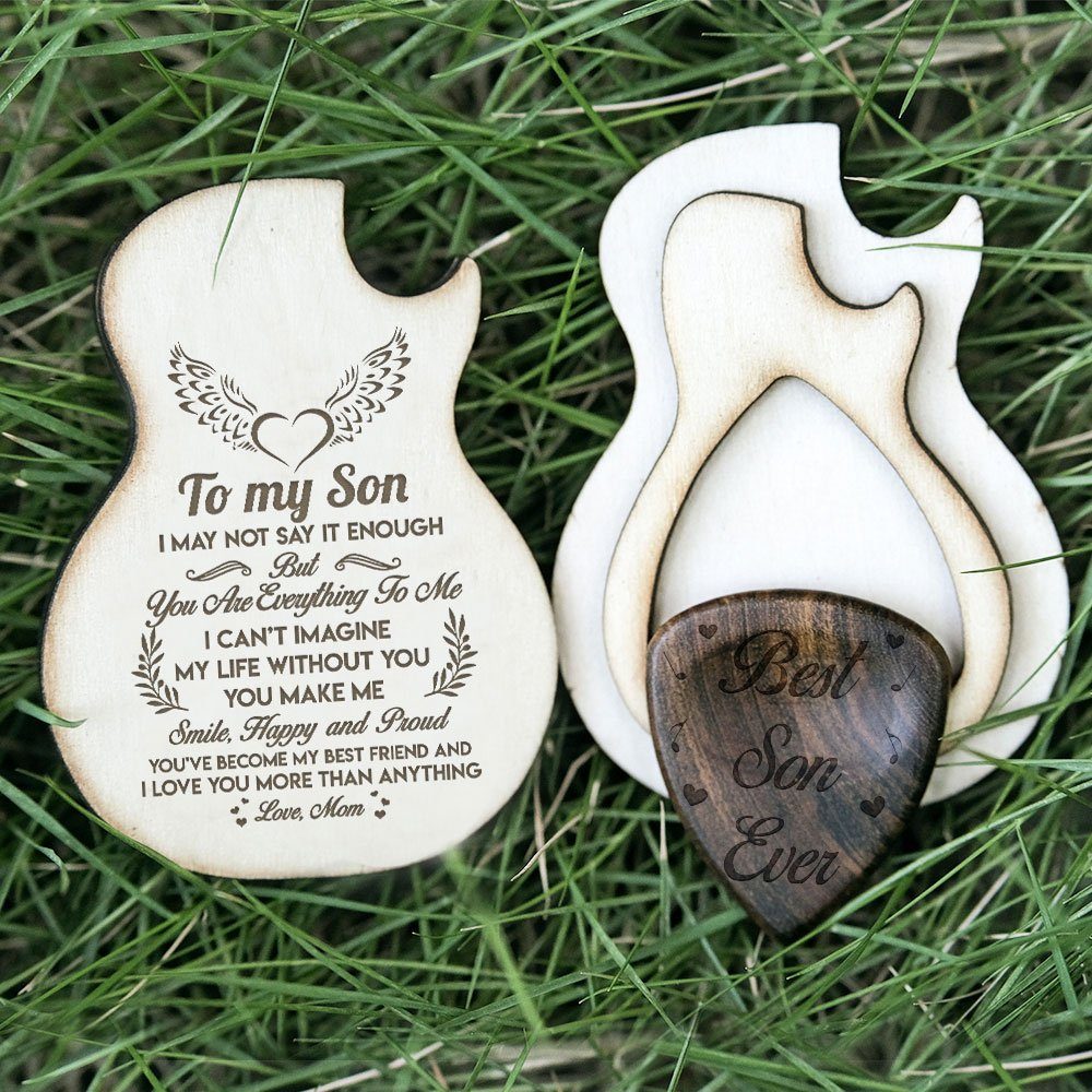 To My son Guitar Carving Wooden Pick Box, Gift From Mom To Son Guitar Pick Music Gift For Birthday, Christmas, School, College, Graduation, Music Xmas, Mom Son Gift TPT434PB - Image 2