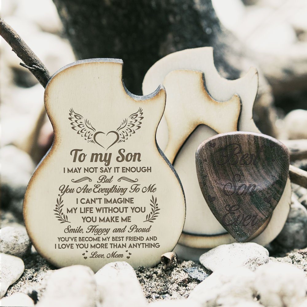 To My son Guitar Carving Wooden Pick Box, Gift From Mom To Son Guitar Pick Music Gift For Birthday, Christmas, School, College, Graduation, Music Xmas, Mom Son Gift TPT434PB