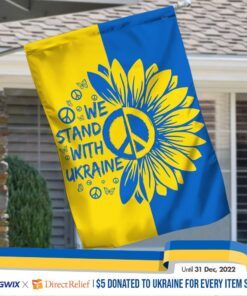 We Stand With Ukraine. Sunflower Peace Sign Ukraine Flag TPT18Fv1