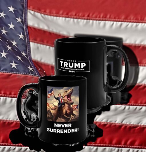 Never Surrender!! Trump on T-Rex Mug