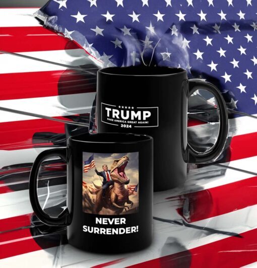Never Surrender!! Trump on T-Rex Mugs