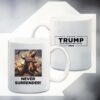 Never Surrender!! Trump on T-Rex White Coffee Mugs