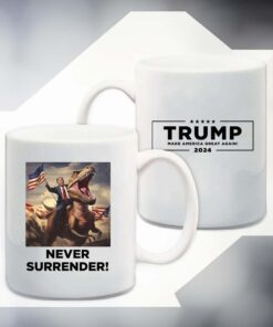 Never Surrender!! Trump on T-Rex White Coffee Mugs