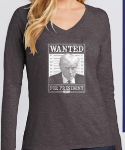 Trump 2024 Wanted Ladies V-Neck Long Sleeve Shirts