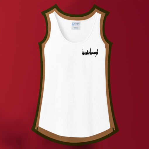 Trump autographs woman's tank top shirt at Iowa campaign stops shirt